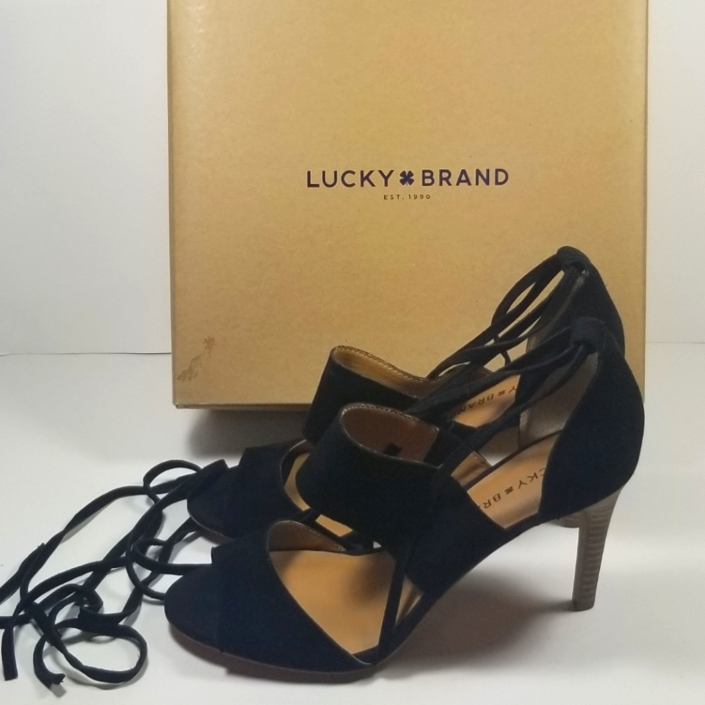 Lucky Brand Salana Black Suede Lace Up Heels 8.5
